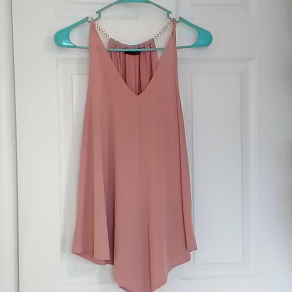 First Love pink tank top with gold chain straps